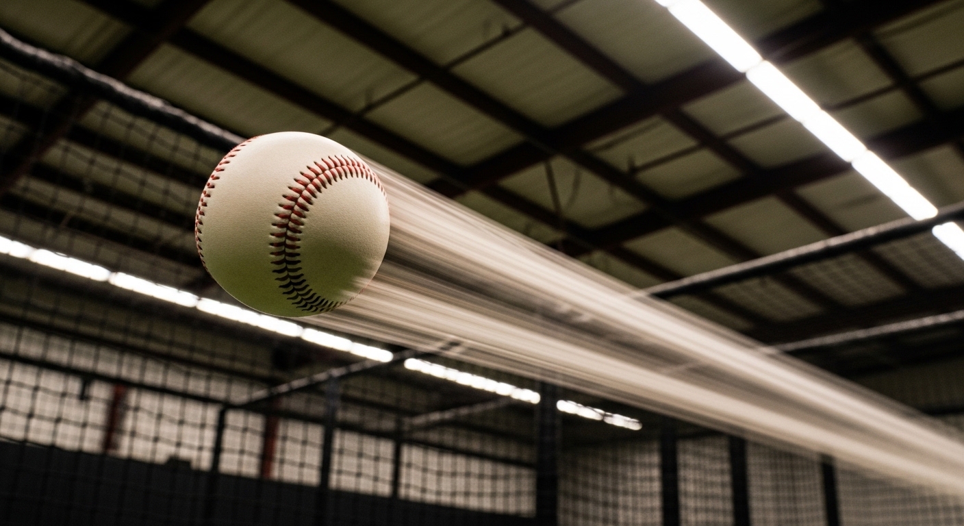 Baseball in flight through indoor cage