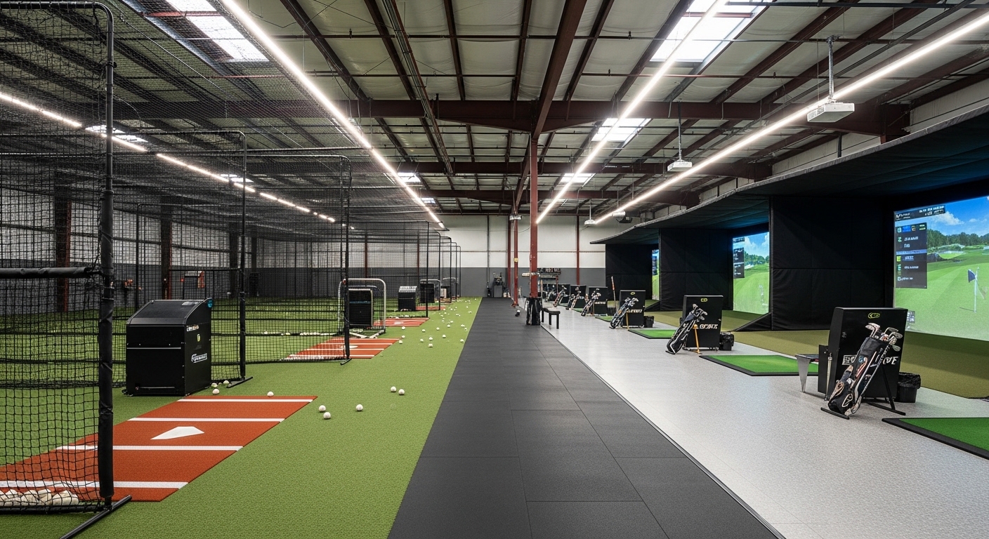 Indoor training facility with batting cages and golf simulators